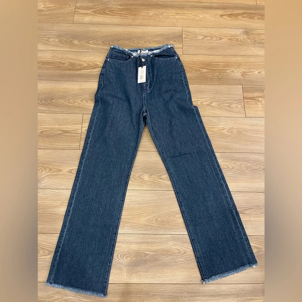WeWoreWhat Indigo High-Rise Straight Leg Jeans with Raw Hem